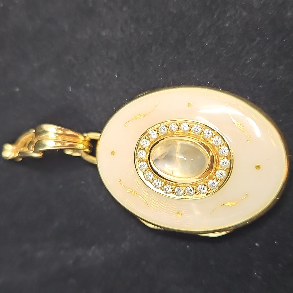 Vintage Fabergé 18k Gold Locket: Moonstone & Diamond Pendant Necklace Germany